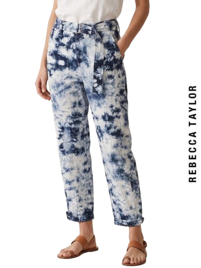 Rebecca Taylor La Vie Tie Dye Denim Pants Blue White Wide Leg Size 27